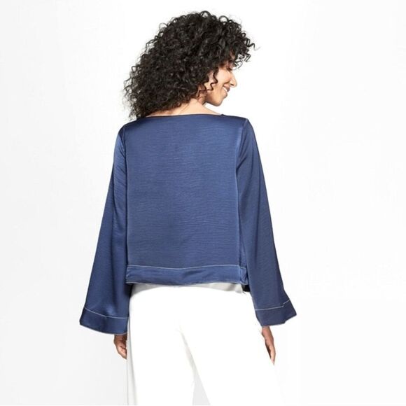 Navy PROLOGUE LONG WIDE SLEEVE SQUARE NECK BLOUSE SHIRT TOP Sz Small women - Picture 3 of 11